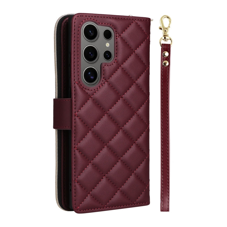 For Samsung Galaxy S25 Ultra 5G Crossbody Rhombic Zipper Tower Buckle Leather Phone Case with Lanyard(Wine Red) by buy2fix