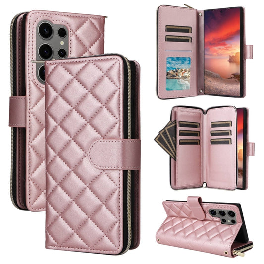For Samsung Galaxy S25 Ultra 5G Crossbody Rhombic Zipper Tower Buckle Leather Phone Case with Lanyard(Rose Gold) by buy2fix
