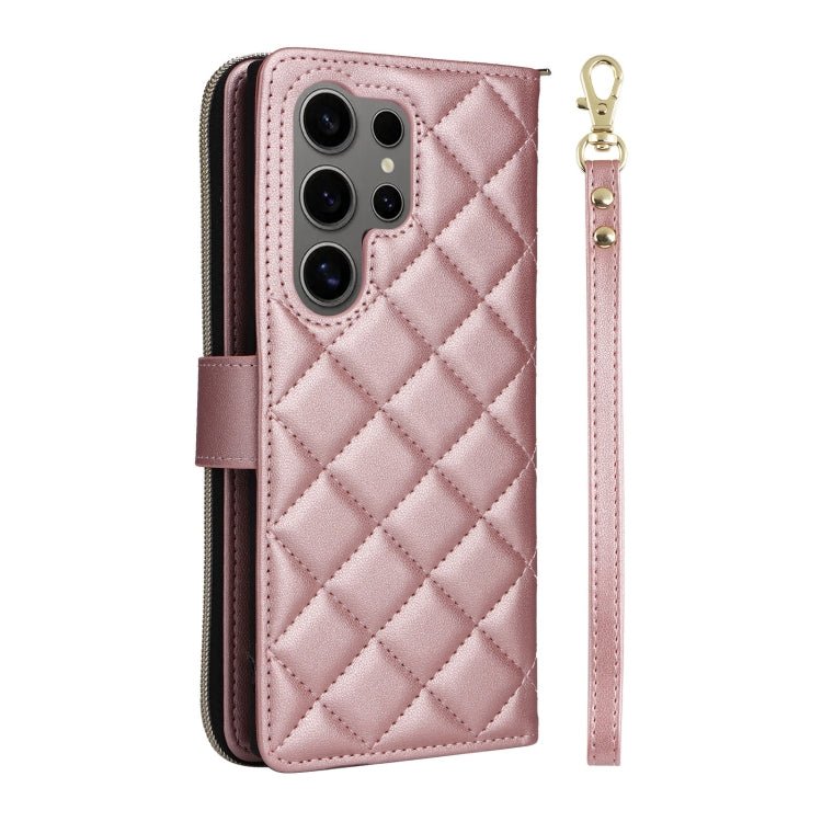 For Samsung Galaxy S25 Ultra 5G Crossbody Rhombic Zipper Tower Buckle Leather Phone Case with Lanyard(Rose Gold) by buy2fix