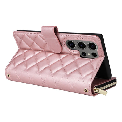 For Samsung Galaxy S25 Ultra 5G Crossbody Rhombic Zipper Tower Buckle Leather Phone Case with Lanyard(Rose Gold) by buy2fix