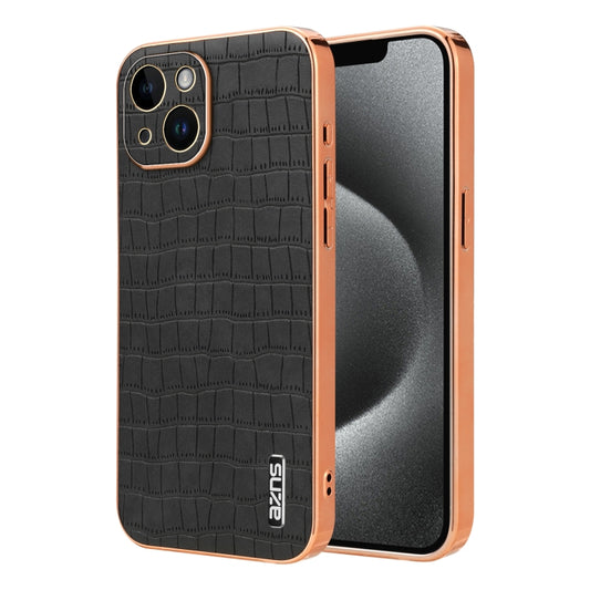 For iPhone 14 Plus AZNS Electroplated Frame Crocodile Texture Full Coverage Phone Case(Black) - iPhone 14 Plus Cases by AZNS | Online Shopping UK | buy2fix