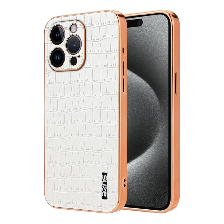 For iPhone 14 Pro AZNS Electroplated Frame Crocodile Texture Full Coverage Phone Case(White) - iPhone 14 Pro Cases by AZNS | Online Shopping UK | buy2fix