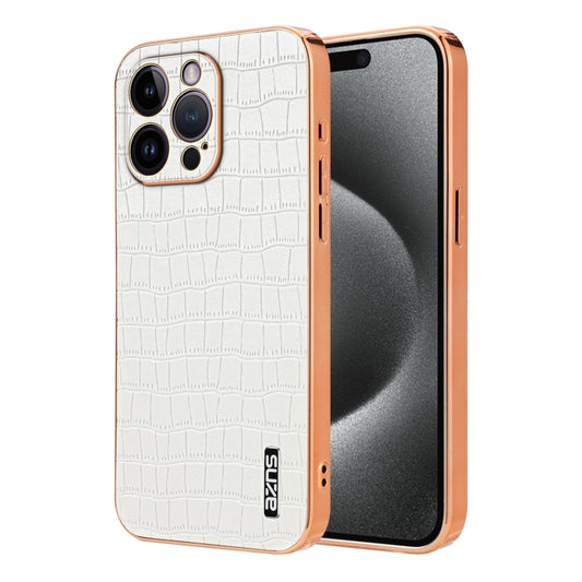 For iPhone 14 Pro AZNS Electroplated Frame Crocodile Texture Full Coverage Phone Case(White) - iPhone 14 Pro Cases by AZNS | Online Shopping UK | buy2fix