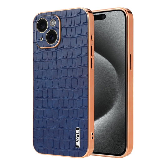 For iPhone 15 AZNS Electroplated Frame Crocodile Texture Full Coverage Phone Case(Blue) - iPhone 15 Cases by AZNS | Online Shopping UK | buy2fix