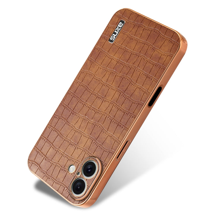 For iPhone 16 Plus AZNS Electroplated Frame Crocodile Texture Full Coverage Phone Case(Brown) - iPhone 16 Plus Cases by AZNS | Online Shopping UK | buy2fix