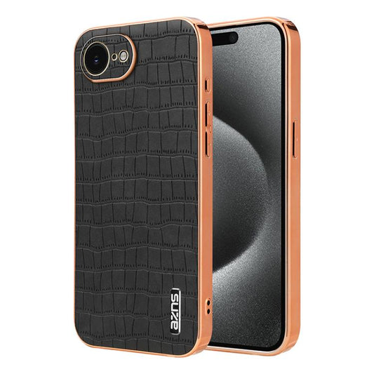 For iPhone 16e AZNS Electroplated Frame Crocodile Texture Full Coverage Phone Case(Black) - iPhone 16e Cases by AZNS | Online Shopping UK | buy2fix
