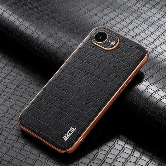 For iPhone 16e AZNS Electroplated Frame Crocodile Texture Full Coverage Phone Case(Black) - iPhone 16e Cases by AZNS | Online Shopping UK | buy2fix