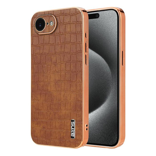 For iPhone 16e AZNS Electroplated Frame Crocodile Texture Full Coverage Phone Case(Brown) - iPhone 16e Cases by AZNS | Online Shopping UK | buy2fix