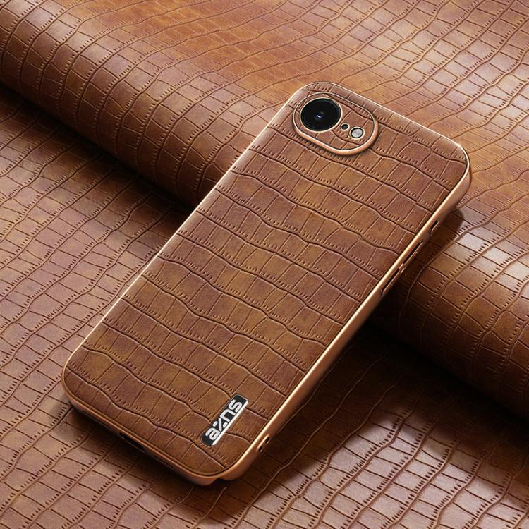 For iPhone 16e AZNS Electroplated Frame Crocodile Texture Full Coverage Phone Case(Brown) - iPhone 16e Cases by AZNS | Online Shopping UK | buy2fix