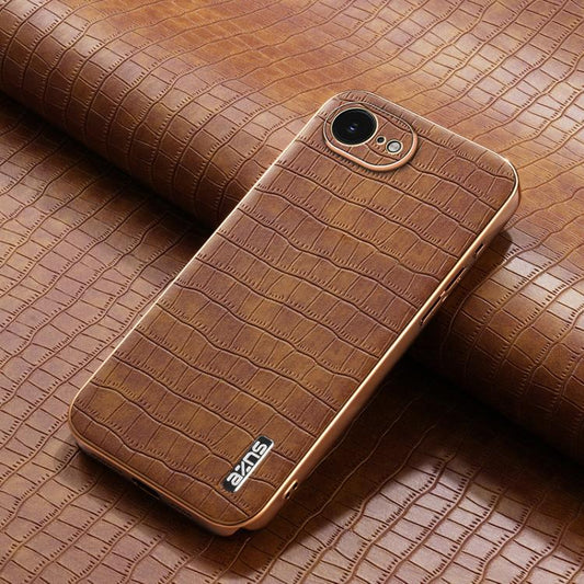 For iPhone 16e AZNS Electroplated Frame Crocodile Texture Full Coverage Phone Case(Brown) - iPhone 16e Cases by AZNS | Online Shopping UK | buy2fix