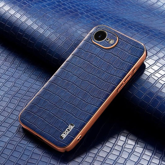 For iPhone 16e AZNS Electroplated Frame Crocodile Texture Full Coverage Phone Case(Blue) - iPhone 16e Cases by AZNS | Online Shopping UK | buy2fix