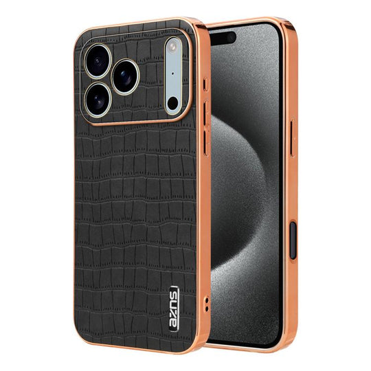 For iPhone 17 Pro Max AZNS Electroplated Frame Crocodile Texture Full Coverage Phone Case(Black)