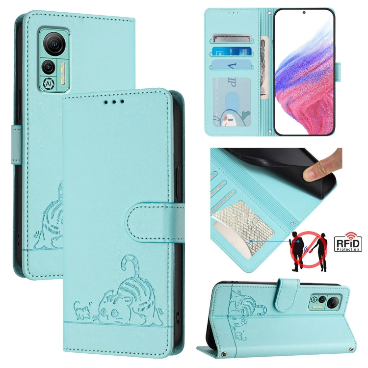 For Ulefone Note 14 Cat Rat Embossed Pattern RFID Leather Phone Case with Lanyard(Mint Green) by buy2fix