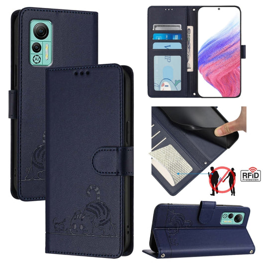 For Ulefone Note 14 Cat Rat Embossed Pattern RFID Leather Phone Case with Lanyard(Blue) by buy2fix