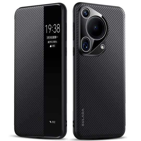 For Huawei Pura 70 Ultra SULADA Kevlar 600D Texture Smart Window Leather Phone Case(Black)