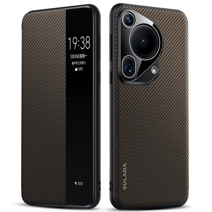 For Huawei Pura 70 Ultra SULADA Kevlar 600D Texture Smart Window Leather Phone Case(Brown) - Huawei Cases by SULADA | Online Shopping UK | buy2fix