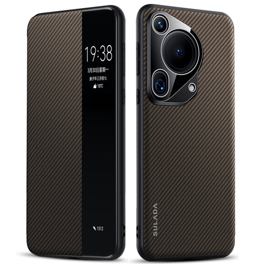 For Huawei Pura 70 Ultra SULADA Kevlar 600D Texture Smart Window Leather Phone Case(Brown) - Huawei Cases by SULADA | Online Shopping UK | buy2fix