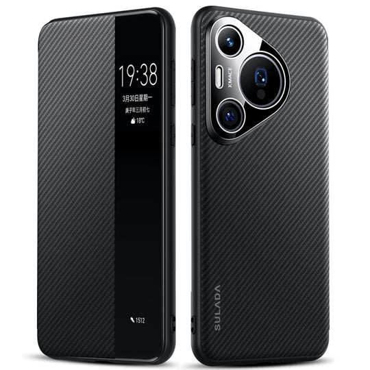 For Huawei Pura 70 Pro SULADA Kevlar 600D Texture Smart Window Leather Phone Case(Black)