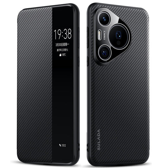 For Huawei Pura 70 SULADA Kevlar 600D Texture Smart Window Leather Phone Case(Black)