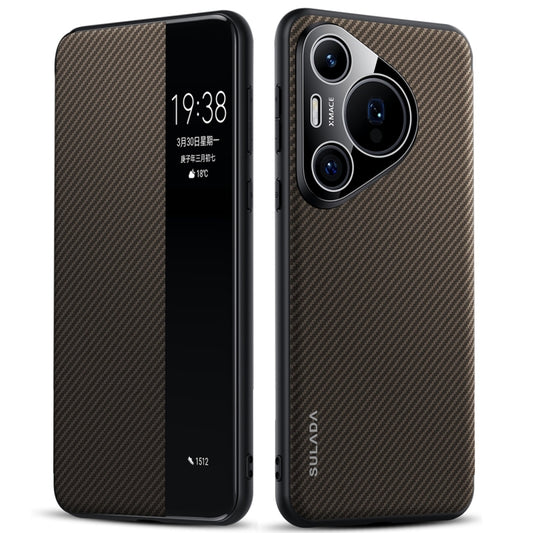 For Huawei Pura 70 SULADA Kevlar 600D Texture Smart Window Leather Phone Case(Brown) - Huawei Cases by SULADA | Online Shopping UK | buy2fix