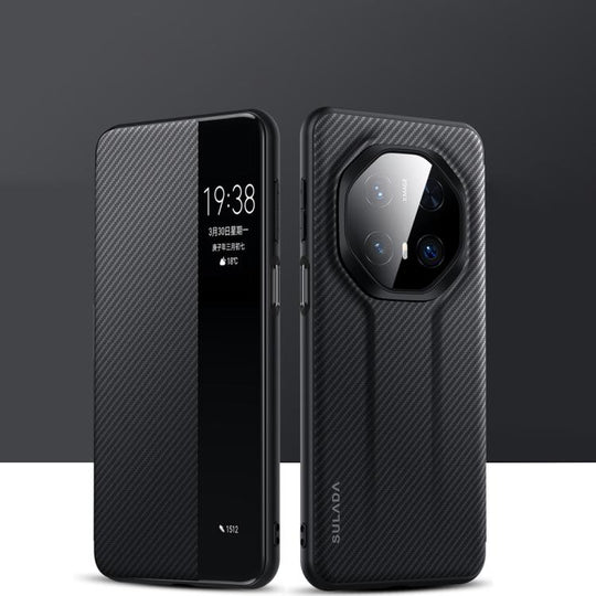 For Huawei Mate 70 RS Ultimate SULADA Kevlar 600D Texture Smart Window Leather Phone Case(Black)