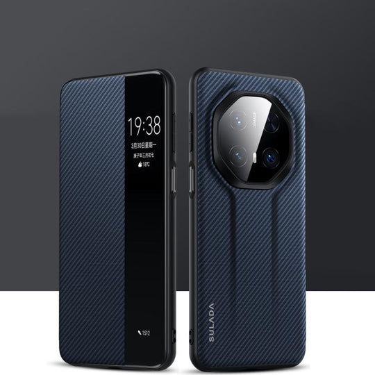 For Huawei Mate 70 RS Ultimate SULADA Kevlar 600D Texture Smart Window Leather Phone Case(Blue)
