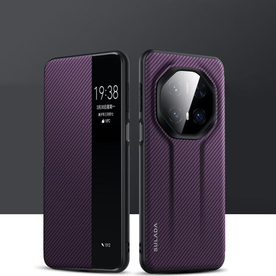 For Huawei Mate 70 RS Ultimate SULADA Kevlar 600D Texture Smart Window Leather Phone Case(Purple)