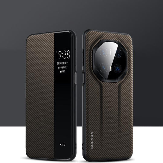 For Huawei Mate 70 RS Ultimate SULADA Kevlar 600D Texture Smart Window Leather Phone Case(Brown)