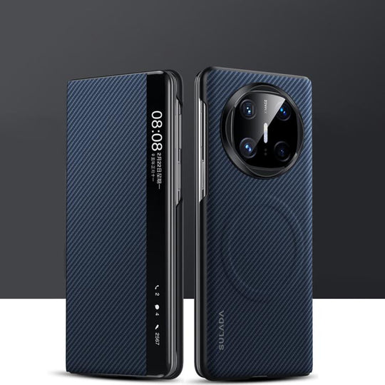For Huawei Mate X6 SULADA Kevlar 600D Texture Smart Window Leather Phone Case(Blue)