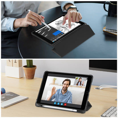 For iPad 10.2 2021 / 2020 / 2019 Tri-fold Holder TPU Cover Frosted Leather Smart Tablet Case withh Pen Slot(Black) - iPad 10.2 Cases by buy2fix | Online Shopping UK | buy2fix