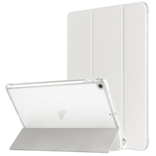 For iPad 10.2 2021 / 2020 / 2019 Tri-fold Holder TPU Cover Frosted Leather Smart Tablet Case withh Pen Slot(Grey)
