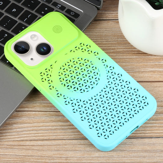 For iPhone 14 Gradient Color Honeycomb Aromatherapy MagSafe Phone Case(Green Blue) by buy2fix