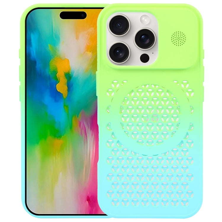 For iPhone 16 Pro Max Gradient Color Honeycomb Aromatherapy MagSafe Phone Case(Green Blue) by buy2fix