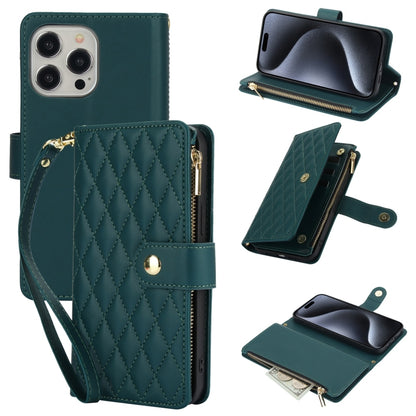 For iPhone 15 Pro Max YM016 Rhombic Zipper Card Wallet Leather Phone Case with Lanyard(Green) - iPhone 15 Pro Max Cases by buy2fix | Online Shopping UK | buy2fix