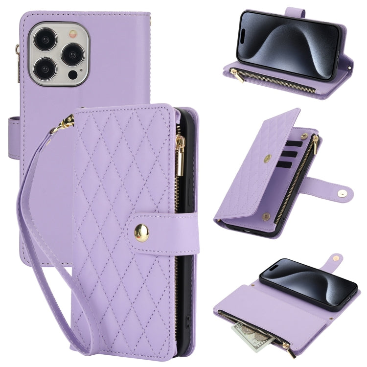 For iPhone 15 Pro Max YM016 Rhombic Zipper Card Wallet Leather Phone Case with Lanyard(Light Purple) - iPhone 15 Pro Max Cases by buy2fix | Online Shopping UK | buy2fix