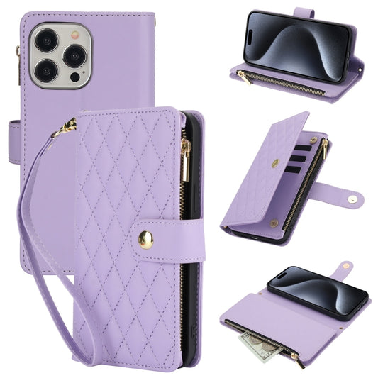 For iPhone 15 Pro Max YM016 Rhombic Zipper Card Wallet Leather Phone Case with Lanyard(Light Purple) - iPhone 15 Pro Max Cases by buy2fix | Online Shopping UK | buy2fix