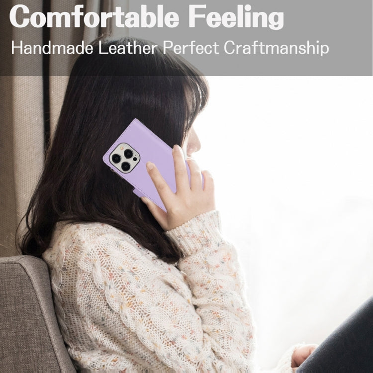 For iPhone 15 Pro Max YM016 Rhombic Zipper Card Wallet Leather Phone Case with Lanyard(Light Purple) - iPhone 15 Pro Max Cases by buy2fix | Online Shopping UK | buy2fix