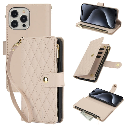 For iPhone 15 Pro Max YM016 Rhombic Zipper Card Wallet Leather Phone Case with Lanyard(Apricot) - iPhone 15 Pro Max Cases by buy2fix | Online Shopping UK | buy2fix