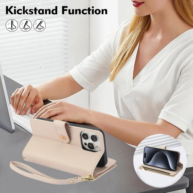 For iPhone 15 Pro Max YM016 Rhombic Zipper Card Wallet Leather Phone Case with Lanyard(Apricot) - iPhone 15 Pro Max Cases by buy2fix | Online Shopping UK | buy2fix