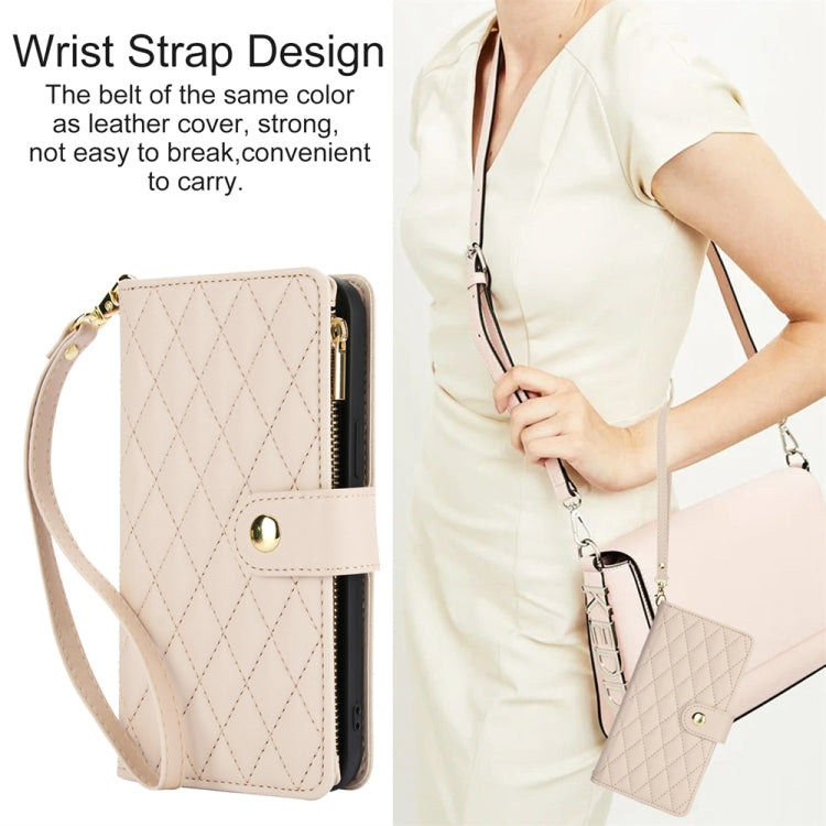 For iPhone 15 Pro Max YM016 Rhombic Zipper Card Wallet Leather Phone Case with Lanyard(Apricot) - iPhone 15 Pro Max Cases by buy2fix | Online Shopping UK | buy2fix