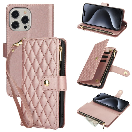 For iPhone 15 Pro Max YM016 Rhombic Zipper Card Wallet Leather Phone Case with Lanyard(Rose Gold) - iPhone 15 Pro Max Cases by buy2fix | Online Shopping UK | buy2fix