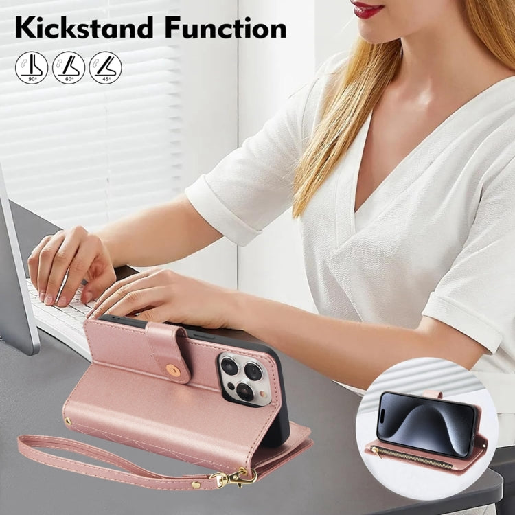 For iPhone 15 Pro Max YM016 Rhombic Zipper Card Wallet Leather Phone Case with Lanyard(Rose Gold) - iPhone 15 Pro Max Cases by buy2fix | Online Shopping UK | buy2fix