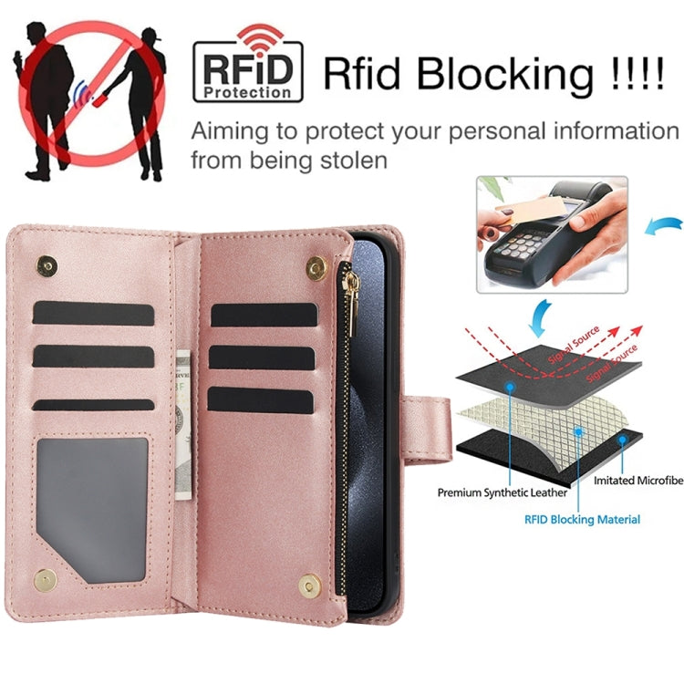 For iPhone 15 Pro Max YM016 Rhombic Zipper Card Wallet Leather Phone Case with Lanyard(Rose Gold) - iPhone 15 Pro Max Cases by buy2fix | Online Shopping UK | buy2fix