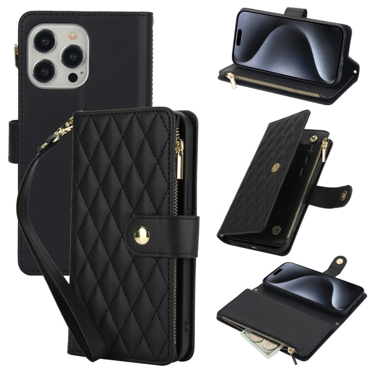 For iPhone 15 Pro Max YM016 Rhombic Zipper Card Wallet Leather Phone Case with Lanyard(Black) - iPhone 15 Pro Max Cases by buy2fix | Online Shopping UK | buy2fix