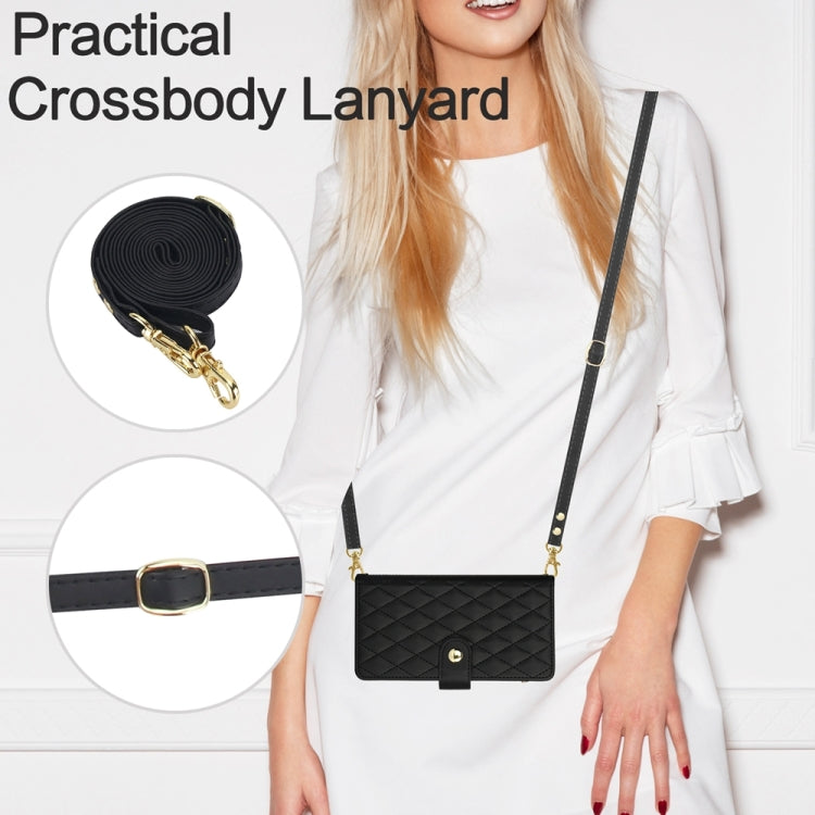 For iPhone 15 Pro Max YM016 Rhombic Zipper Card Wallet Leather Phone Case with Lanyard(Black) - iPhone 15 Pro Max Cases by buy2fix | Online Shopping UK | buy2fix