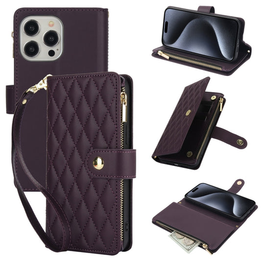 For iPhone 15 Pro YM016 Rhombic Zipper Card Wallet Leather Phone Case with Lanyard(Dark Purple) - iPhone 15 Pro Cases by buy2fix | Online Shopping UK | buy2fix