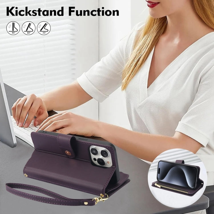 For iPhone 15 Pro YM016 Rhombic Zipper Card Wallet Leather Phone Case with Lanyard(Dark Purple) - iPhone 15 Pro Cases by buy2fix | Online Shopping UK | buy2fix