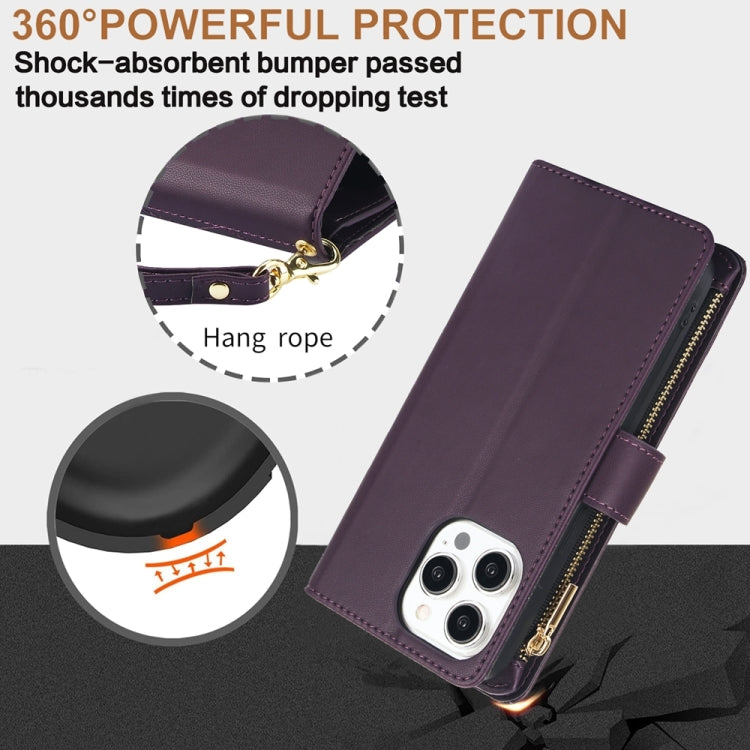 For iPhone 15 Pro YM016 Rhombic Zipper Card Wallet Leather Phone Case with Lanyard(Dark Purple) - iPhone 15 Pro Cases by buy2fix | Online Shopping UK | buy2fix