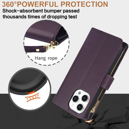 For iPhone 15 Pro YM016 Rhombic Zipper Card Wallet Leather Phone Case with Lanyard(Dark Purple) - iPhone 15 Pro Cases by buy2fix | Online Shopping UK | buy2fix