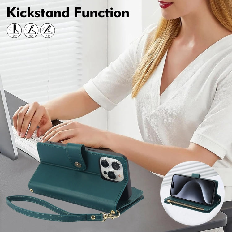 For iPhone 15 Pro YM016 Rhombic Zipper Card Wallet Leather Phone Case with Lanyard(Green) - iPhone 15 Pro Cases by buy2fix | Online Shopping UK | buy2fix